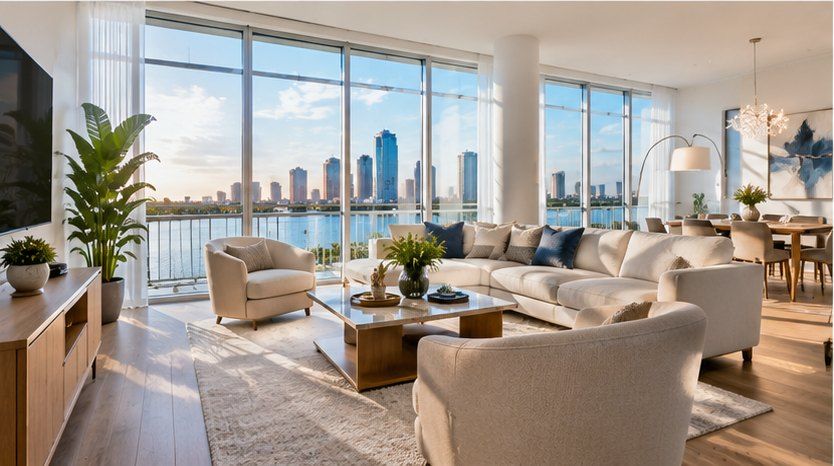 Bright downtown Tampa apartment living room with floor-to-ceiling windows overlooking the river and skyline