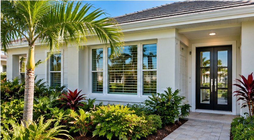 Florida home exterior with impact-resistant windows, a newer roof and glass entry doors