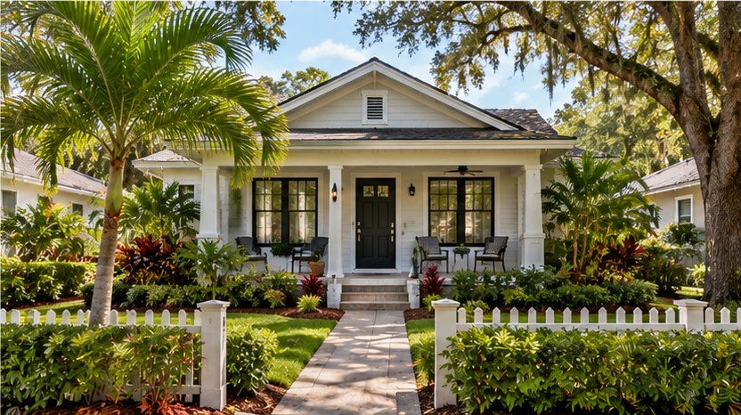Renovated white starter bungalow with a front porch and picket fence in Tampa