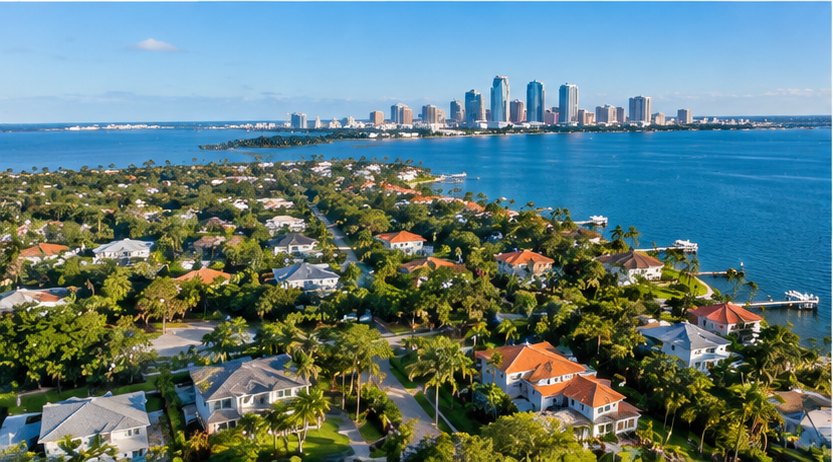Aerial view of South Tampa waterfront neighborhoods with the downtown Tampa skyline across the bay