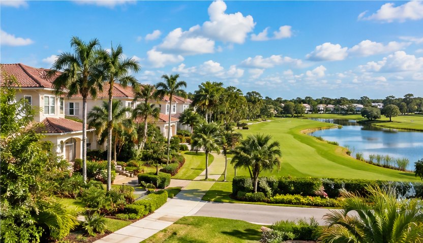 Homes with tile roofs beside a golf course and pond in a New Tampa community