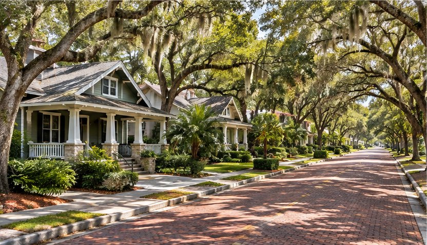Historic bungalows with front porches on a brick street lined with live oaks in Hyde Park, Tampa