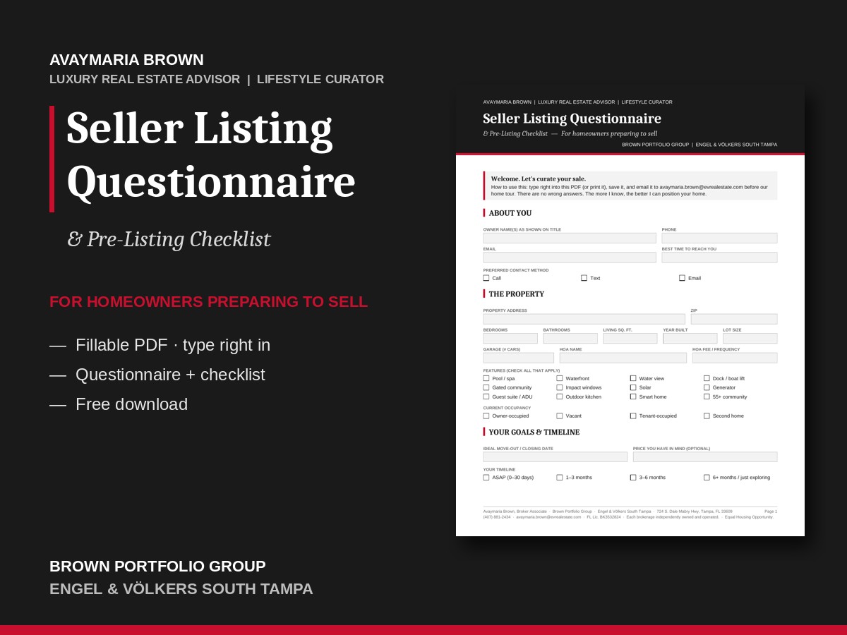 Seller Listing Questionnaire and Pre-Listing Checklist by Avaymaria Brown, Luxury Real Estate Advisor and Lifestyle Curator