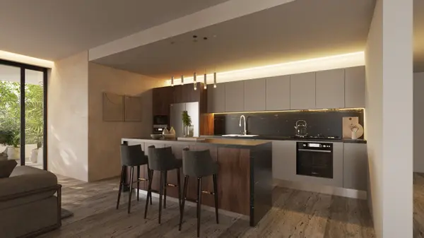 Modern kitchen with natural finishes at Mayakoba luxury residences