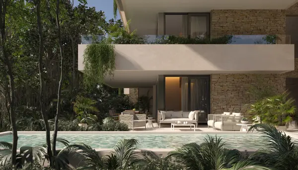 Tranquil outdoor living spaces at The Reserve at Mayakoba luxury residences