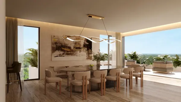 Open-concept kitchen and dining area with natural finishes in a luxury residence
