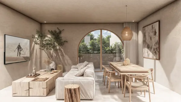 Open-concept living area with natural finishes at Ensamble luxury residences in Tulum