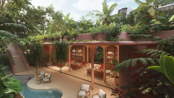 Lush outdoor communal spaces at Faena designed for resort living in Tulum