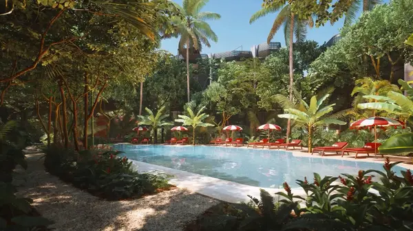 Open-air relaxation areas surrounded by nature at Faena Tulum