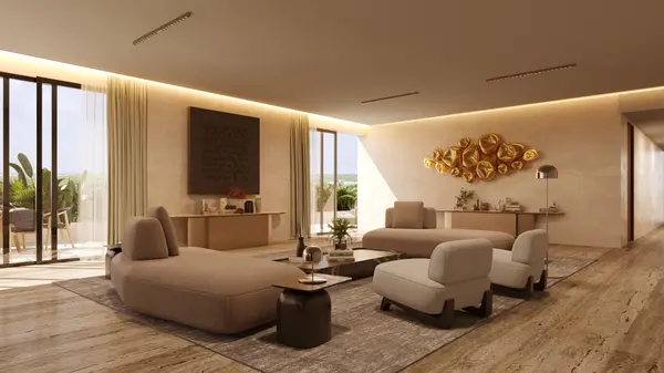 Open-concept living room with natural finishes in a luxury residence