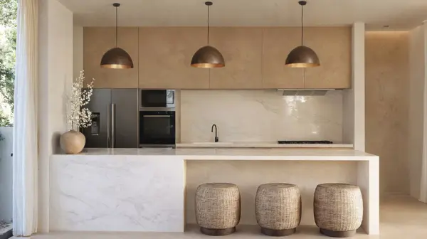 Modern kitchen with natural wood finishes at Selva Estates luxury residences in Tulum