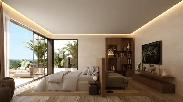 Serene bedroom with natural finishes at Mayakoba luxury residences
