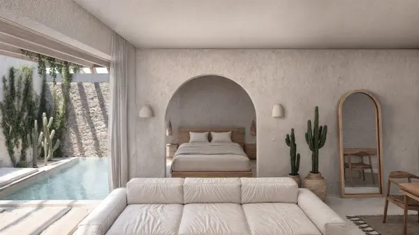 Serene bedroom with natural finishes at Ensamble luxury residences in Tulum