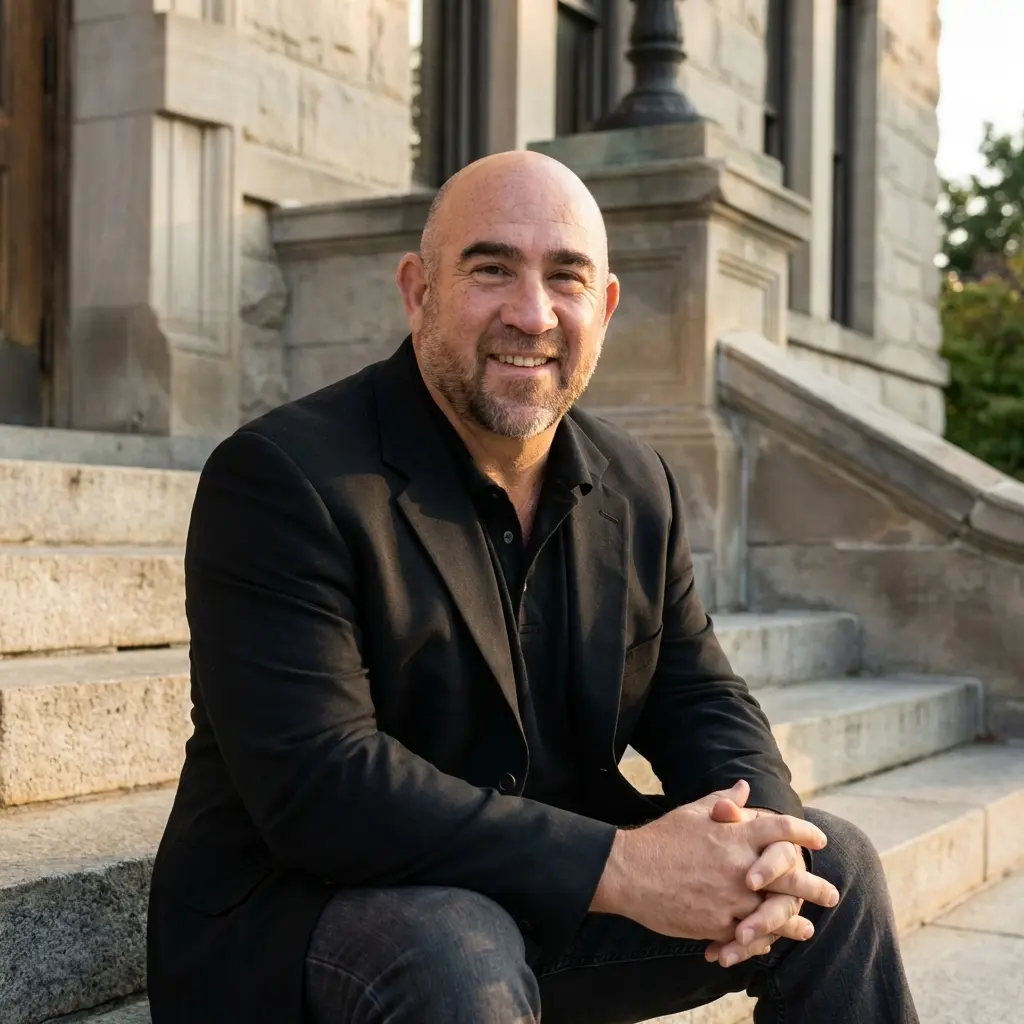 a_professional_real_estate_photo_of_this_man_sitting_on_the_steps_of_a_stately_stone_building_with__eogtpji07dg5hw6qg8ir_1
