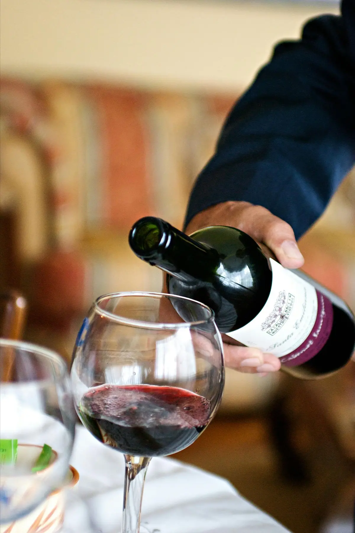 Hand holding wine bottle pouring into wine glass