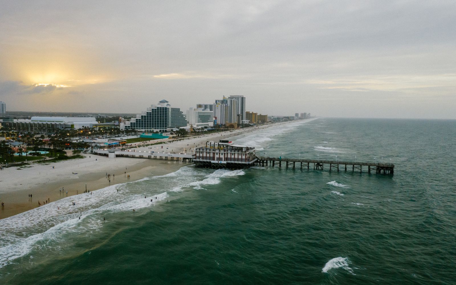 Aerial view of a Florida beach city coastline at sunset