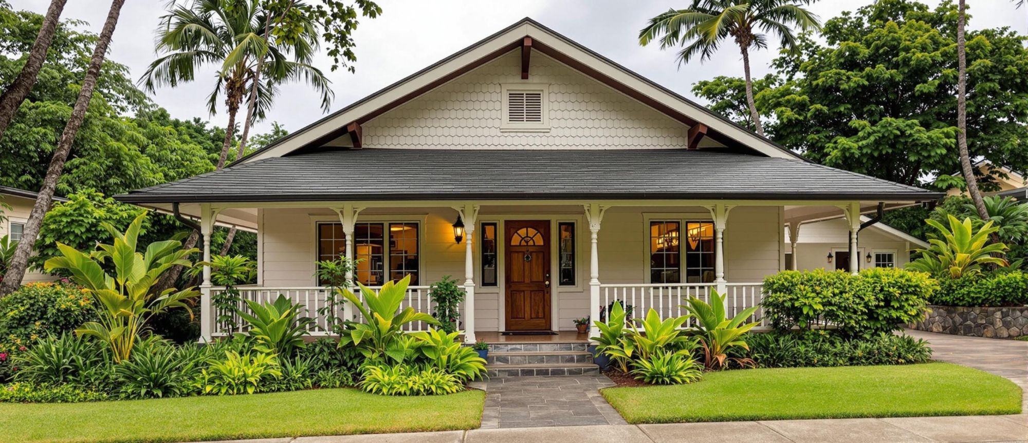 A colonial-style home surrounded by lush tropical fauna.