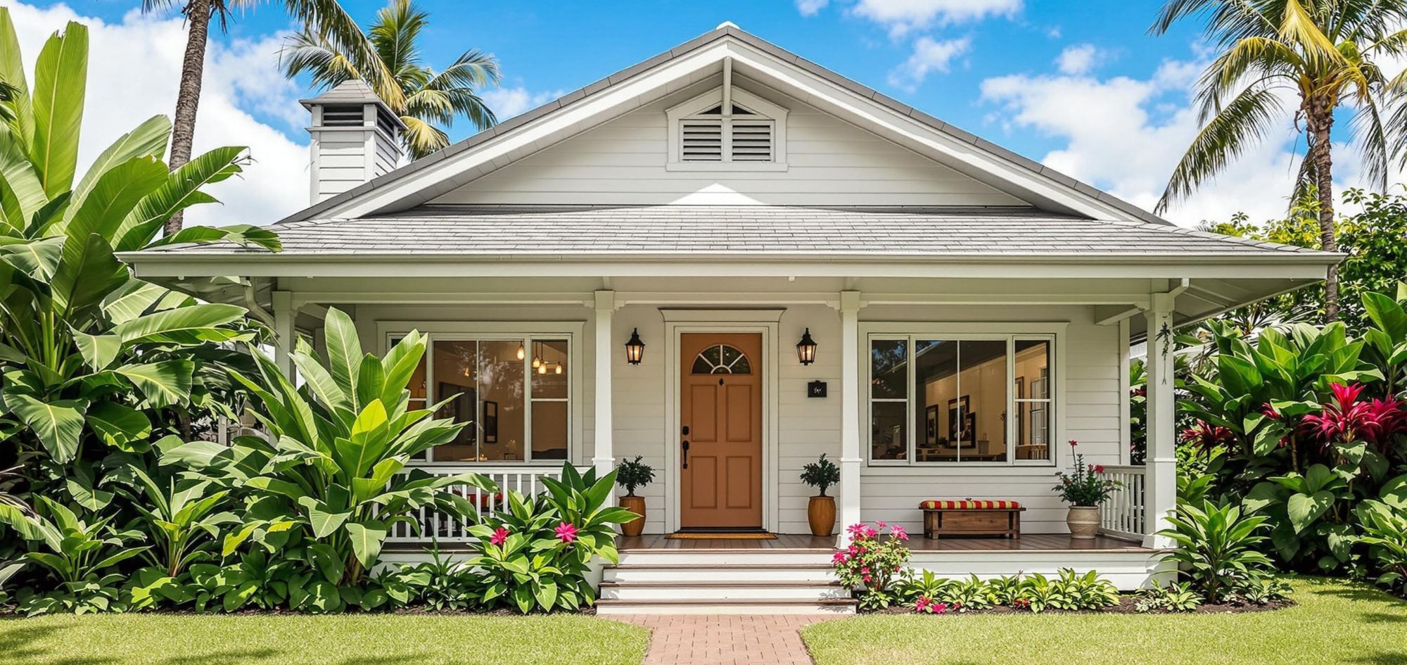A colonial-style home surrounded by tropical fauna.