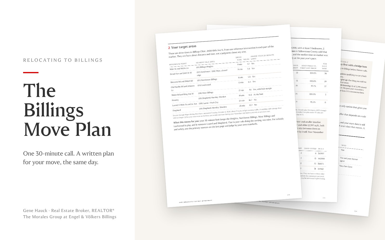 Pages of a written Billings Move Plan by Gene Hauck showing drive times and market figures