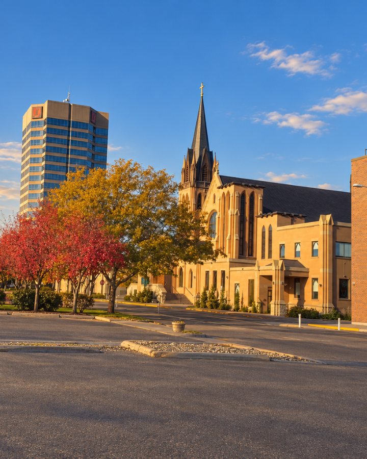 Downtown Billings with St. Patrick Co-Cathedral and fall trees