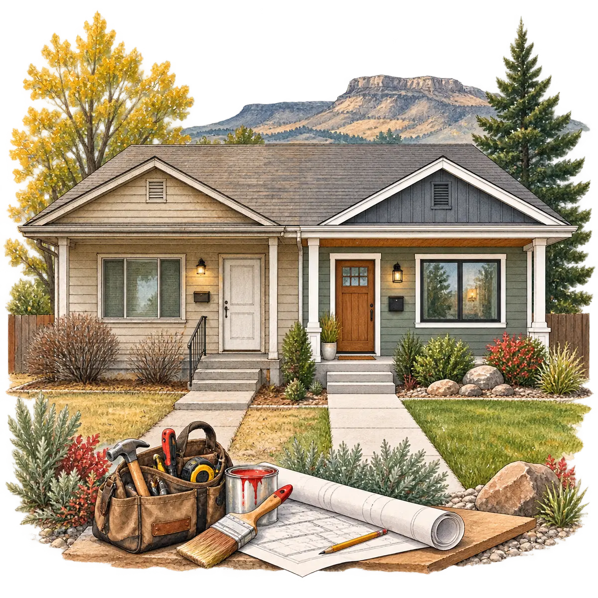 Illustration of a duplex improved through renovation and updated landscaping