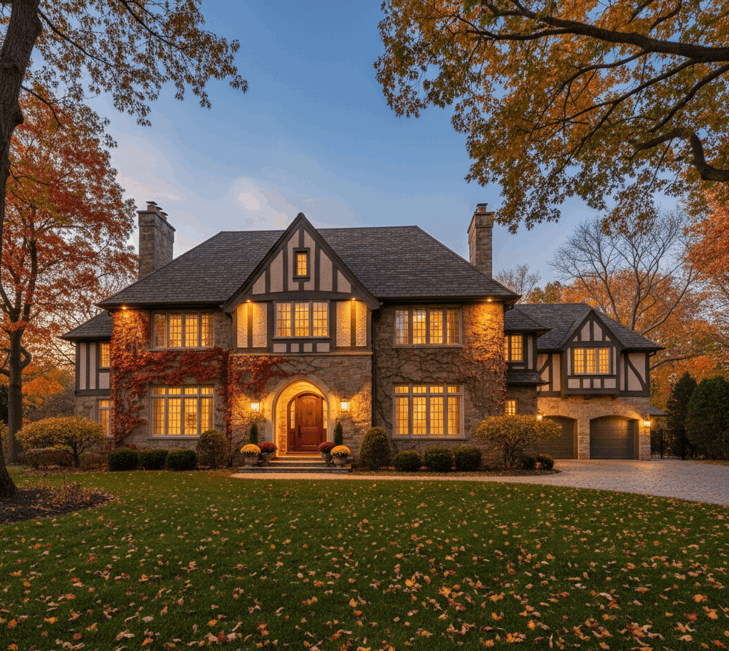 Luxury North Shore home for sale in November with fall foliage and warm lighting - Highland Park real estate