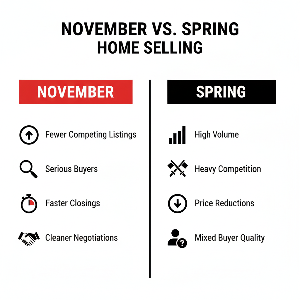 Comparison infographic showing November versus spring home selling advantages on Chicago's North Shore