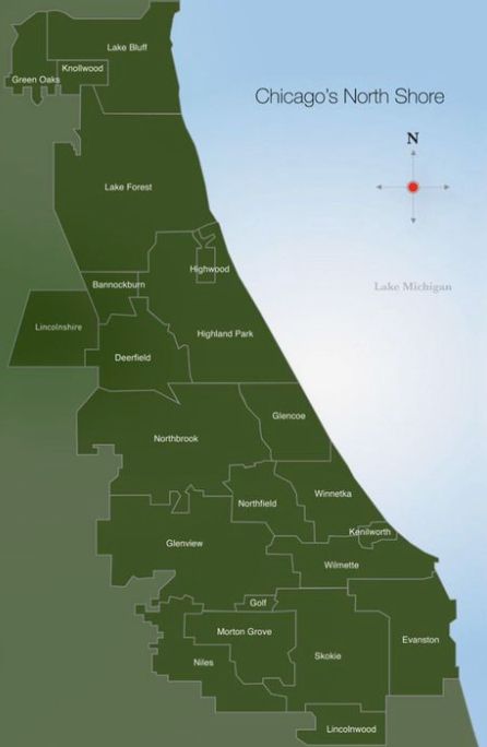 Map of Chicago North Shore communities including Highland Park, Deerfield, Winnetka, Lake Forest, and Glencoe with real estate market data