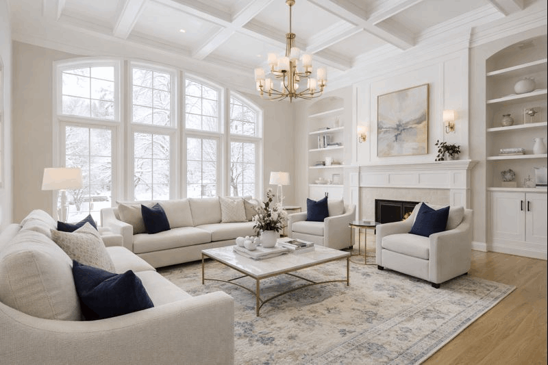 Bright luxury living room in Highland Park with high ceilings, natural light, and elegant staging.