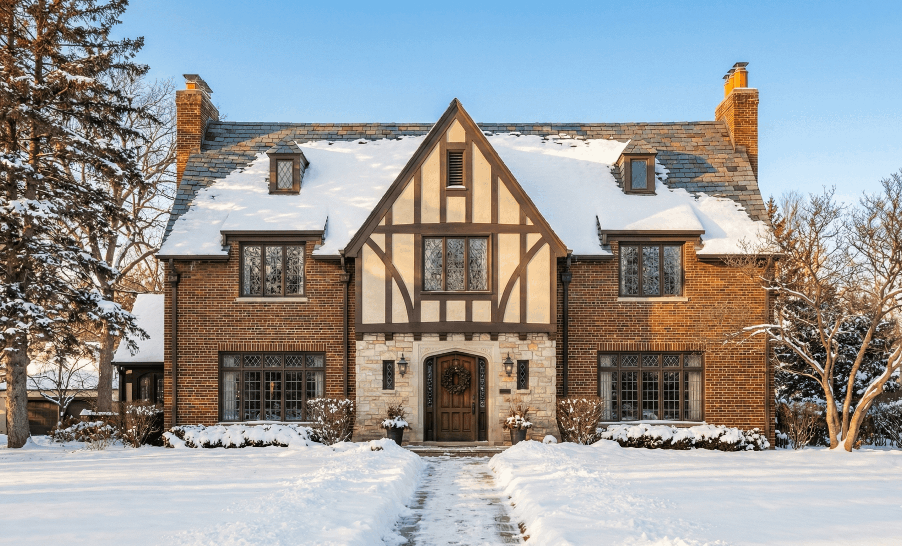 Colonial-style Glencoe home with fresh snow, photographed for a winter real estate listing