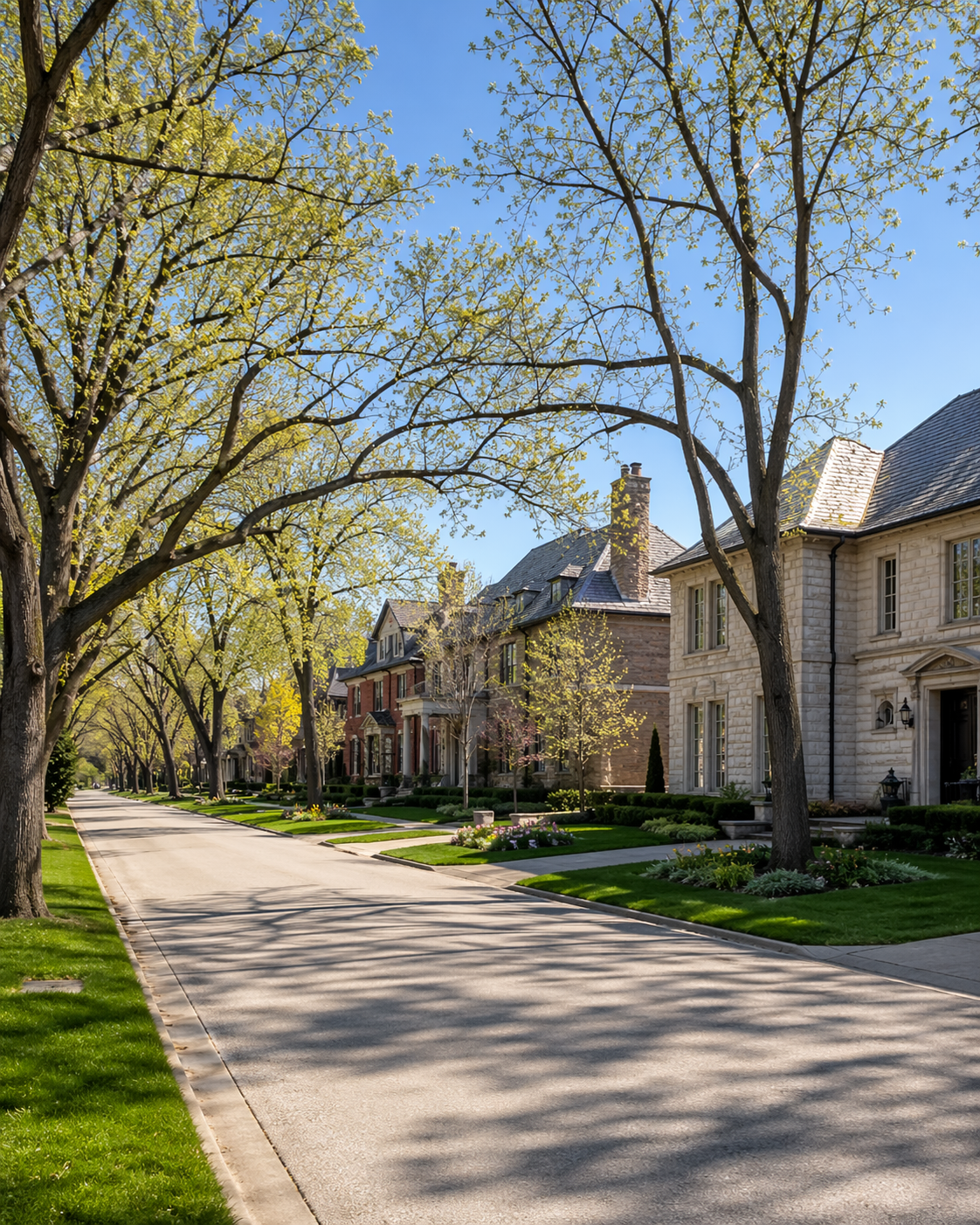   Tree-lined residential street in Highland Park Illinois in spring 2026