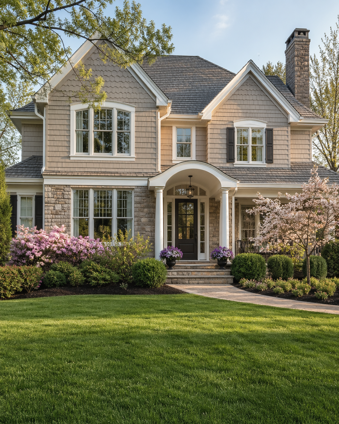 Front elevation of a North Shore home with spring landscaping in Highland Park Illinois
