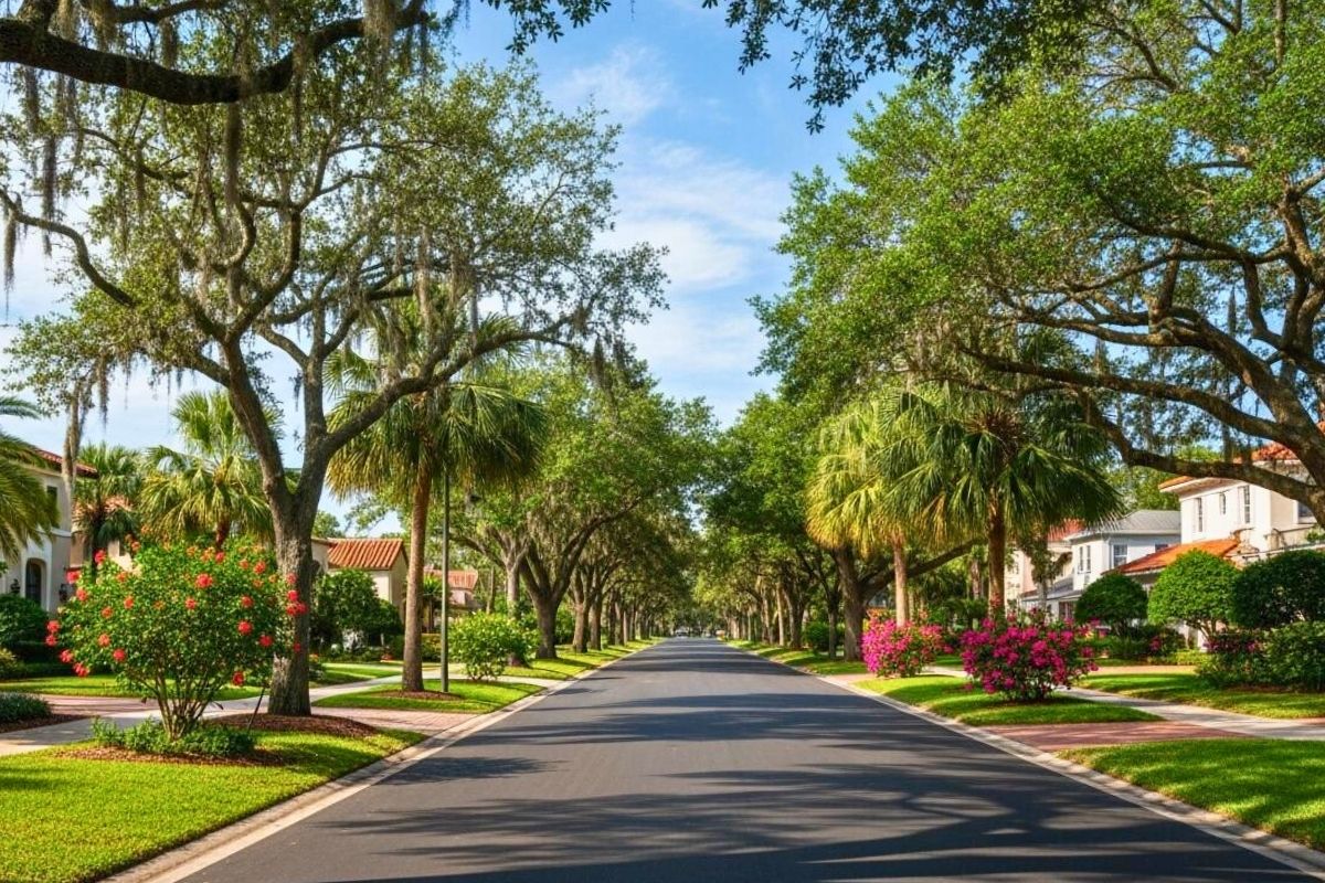 Tree-lined residential street in Palma Ceia South Tampa with Spanish moss oaks Mediterranean homes and tropical landscaping 2026