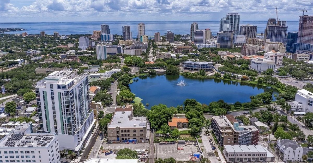 Aerial view of Mirror Lake and the downtown St. Petersburg, FL skyline with Tampa Bay in the background