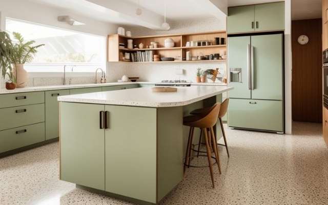 Renovated mid-century kitchen with sage green cabinets and original terrazzo flooring, Disston Heights style