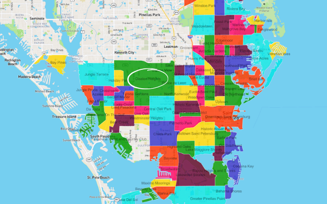 Map of St. Petersburg, FL neighborhoods with Disston Heights circled in central St. Pete