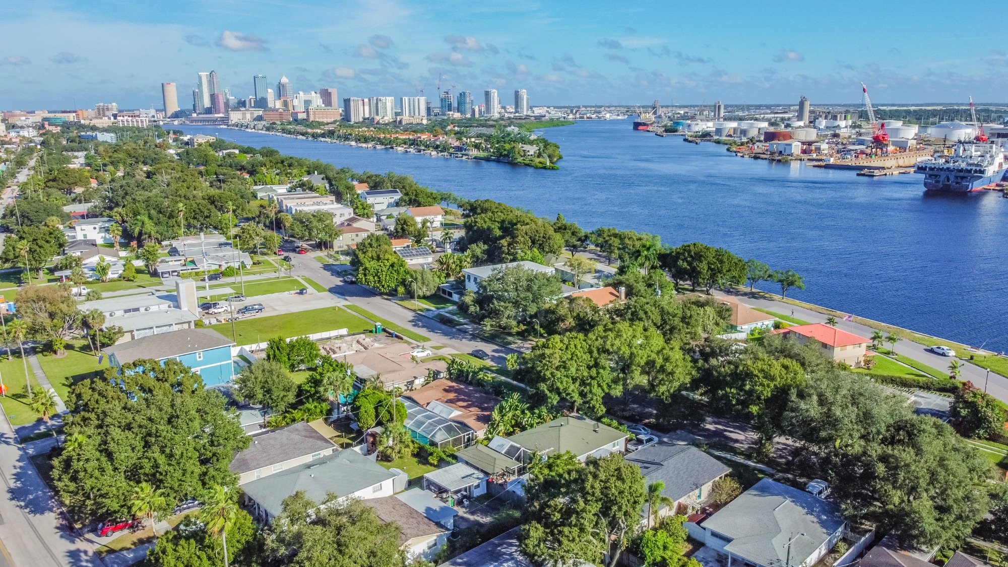 Aerial view of Davis Islands along Seddon Channel with Downtown Tampa in the background