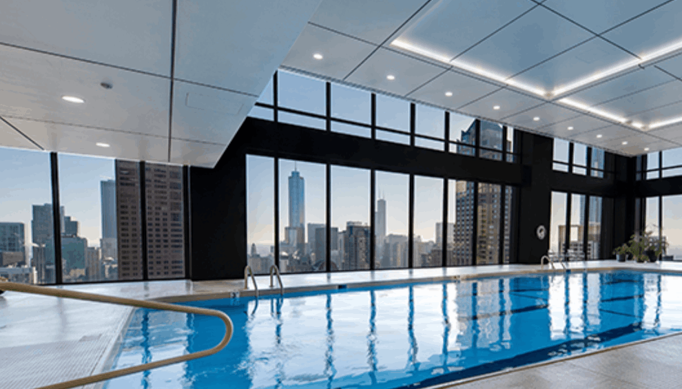 The highest indoor swimming pool in America located on the 44th floor of 175 East Delaware Place, Chicago.