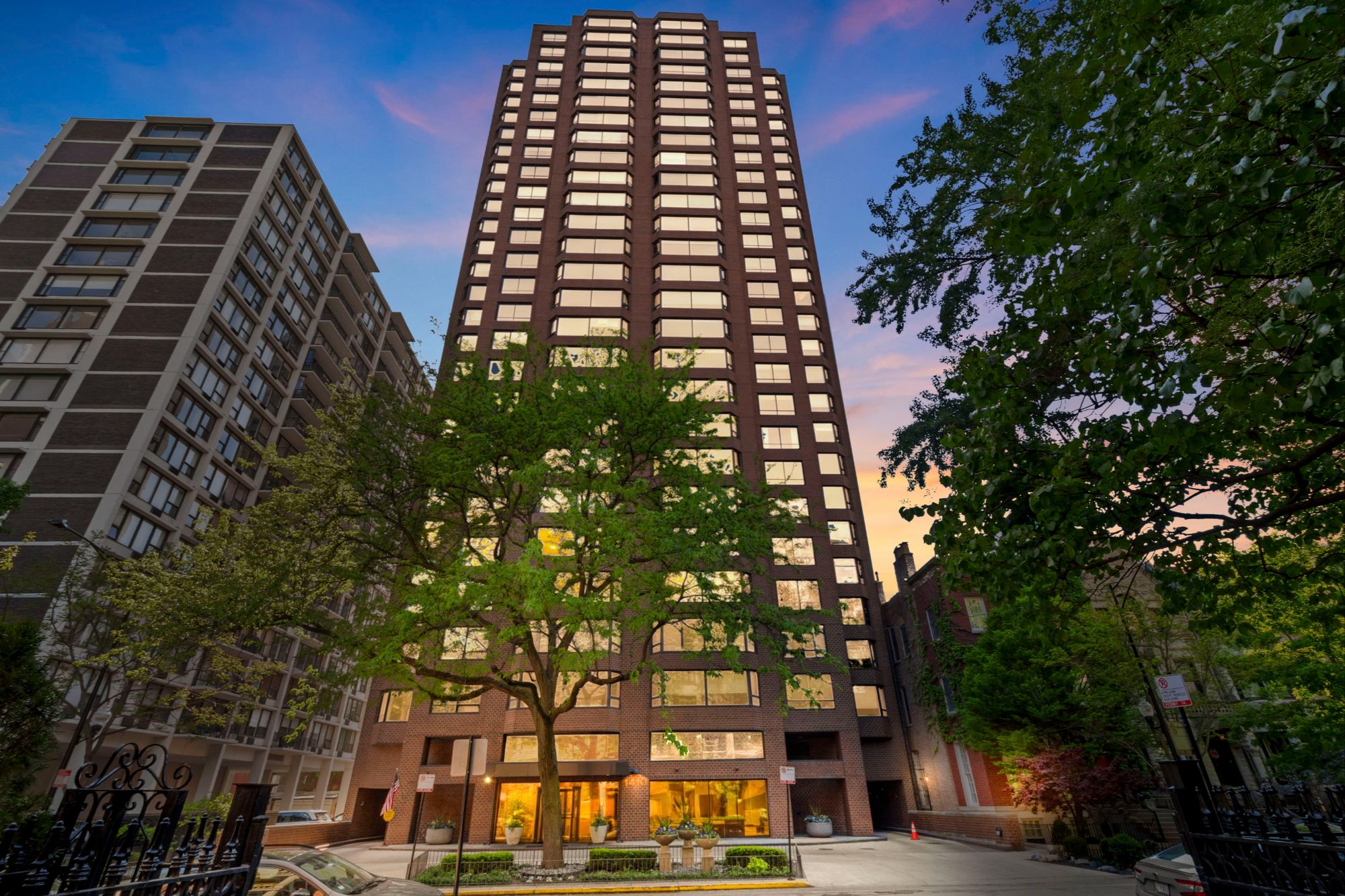 Gold Coast Chicago tree-lined residential street and historic high-rises