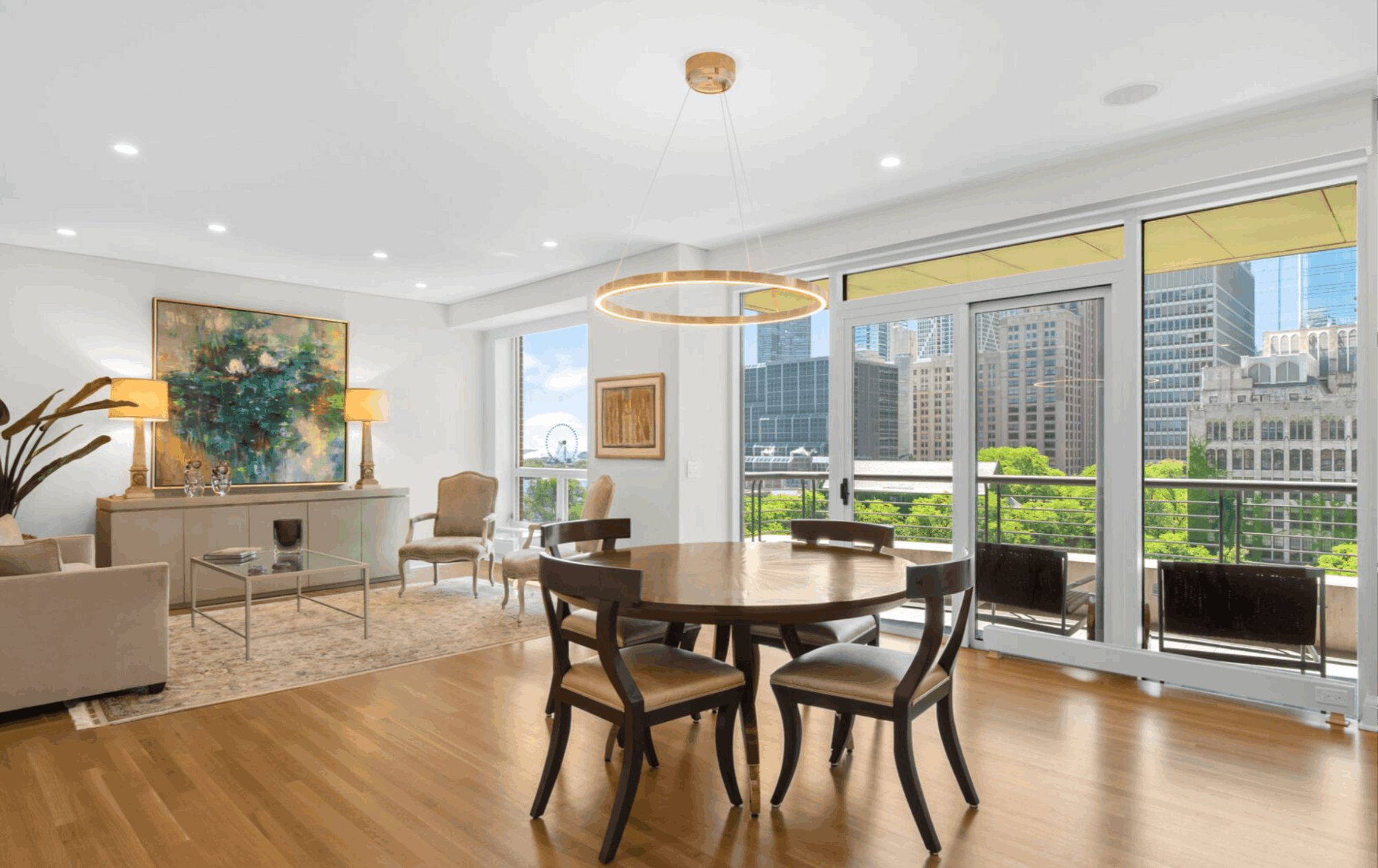 High-rise luxury condo living room with Lake Michigan views in Streeterville