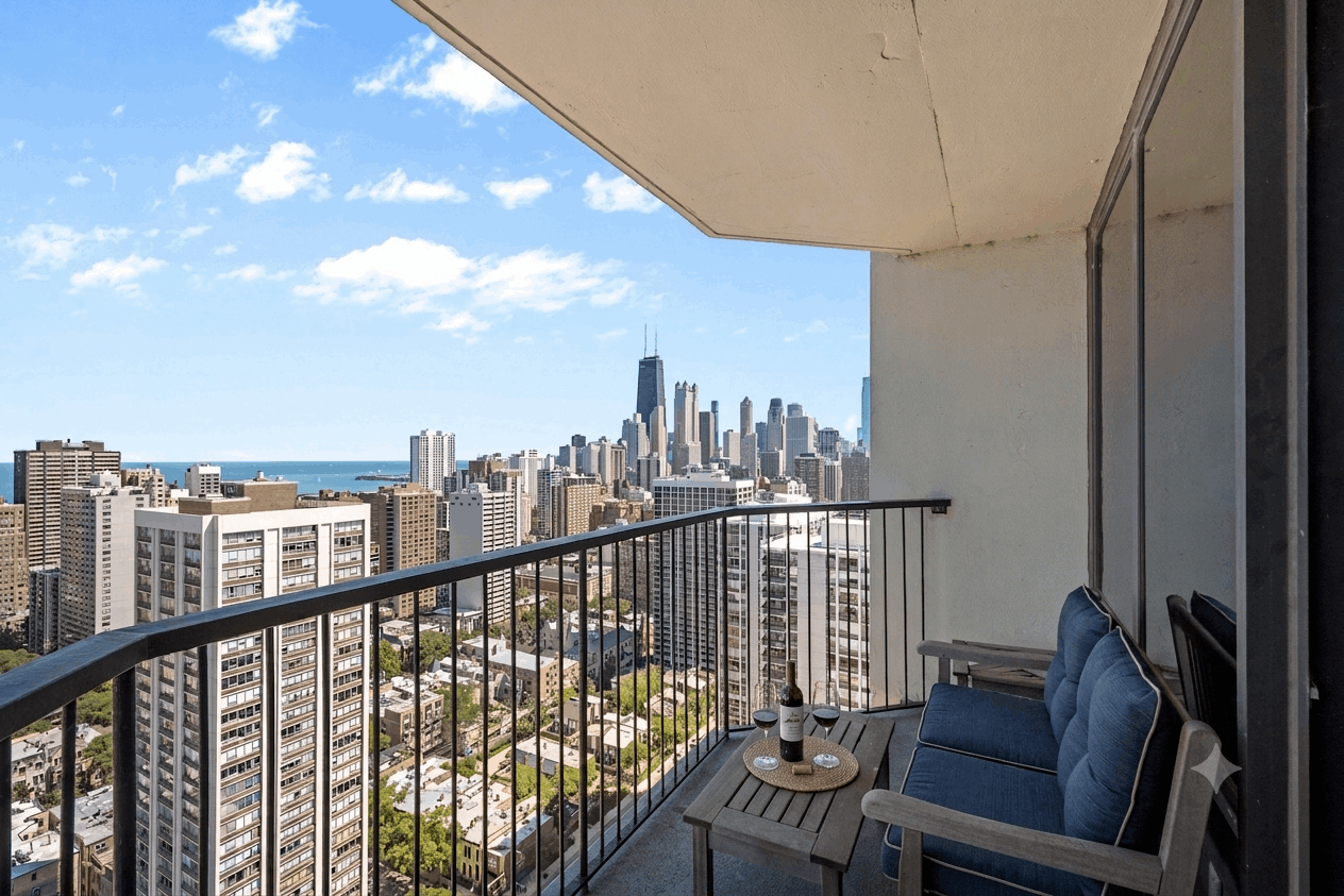 shot from the private balcony looking out over the water and city skyline.