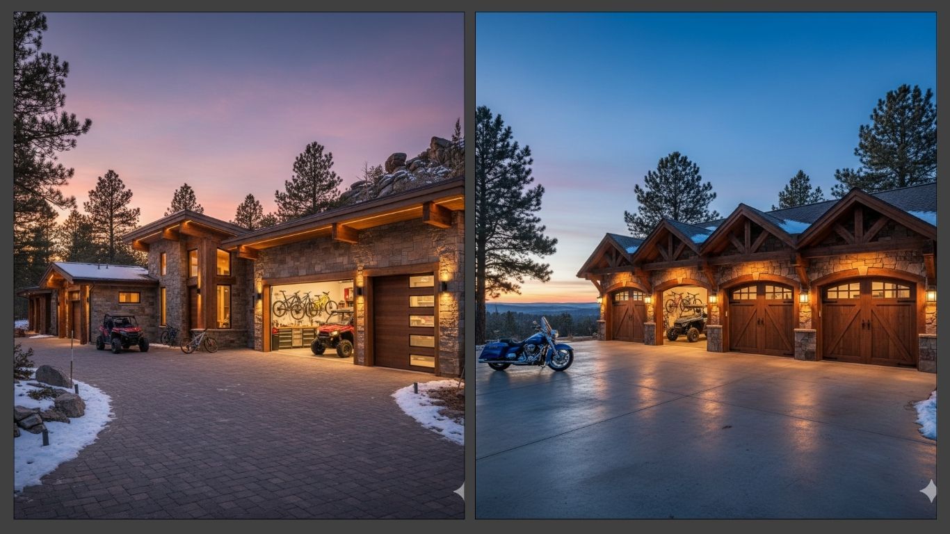 A high-end four-stall adventure garage in the Black Hills at dusk, featuring natural stone masonry, timber gables, and warm exterior lighting with a blue Harley Davidson motorcycle on a polished driveway.