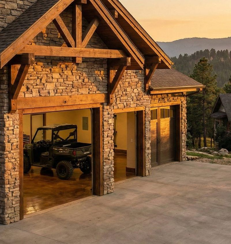 A wide, photorealistic exterior shot of a luxury Black Hills home at golden hour. The oversized four-car garage features a natural ledgestone facade, heavy timber trusses, and dark bronze hardware. Two garage doors are open, revealing a polished amber epoxy floor and a side-by-side ATV parked inside. The background shows a dense forest of ponderosa pines and a distant mountain ridgeline under a warm, glowing sunset.