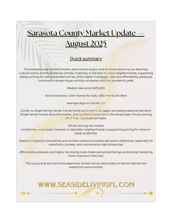 Sarasota County Market Update August 2025,Colleen Waldoch