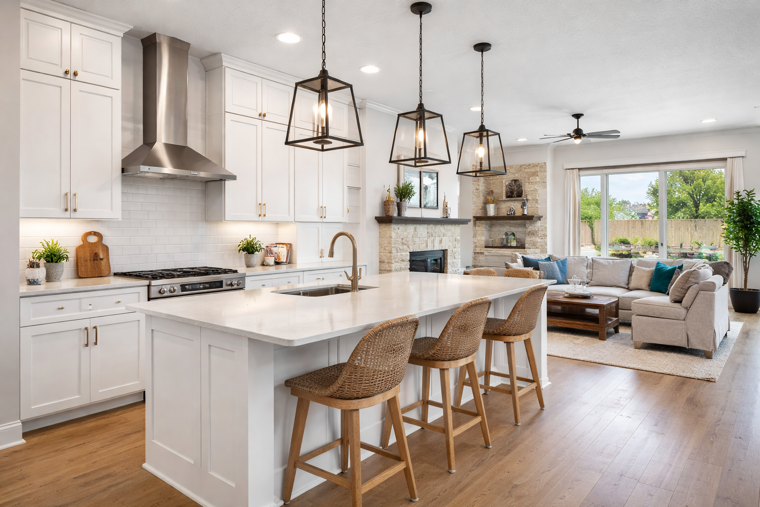 Modern open-concept kitchen with white cabinetry and natural light in a North Texas home