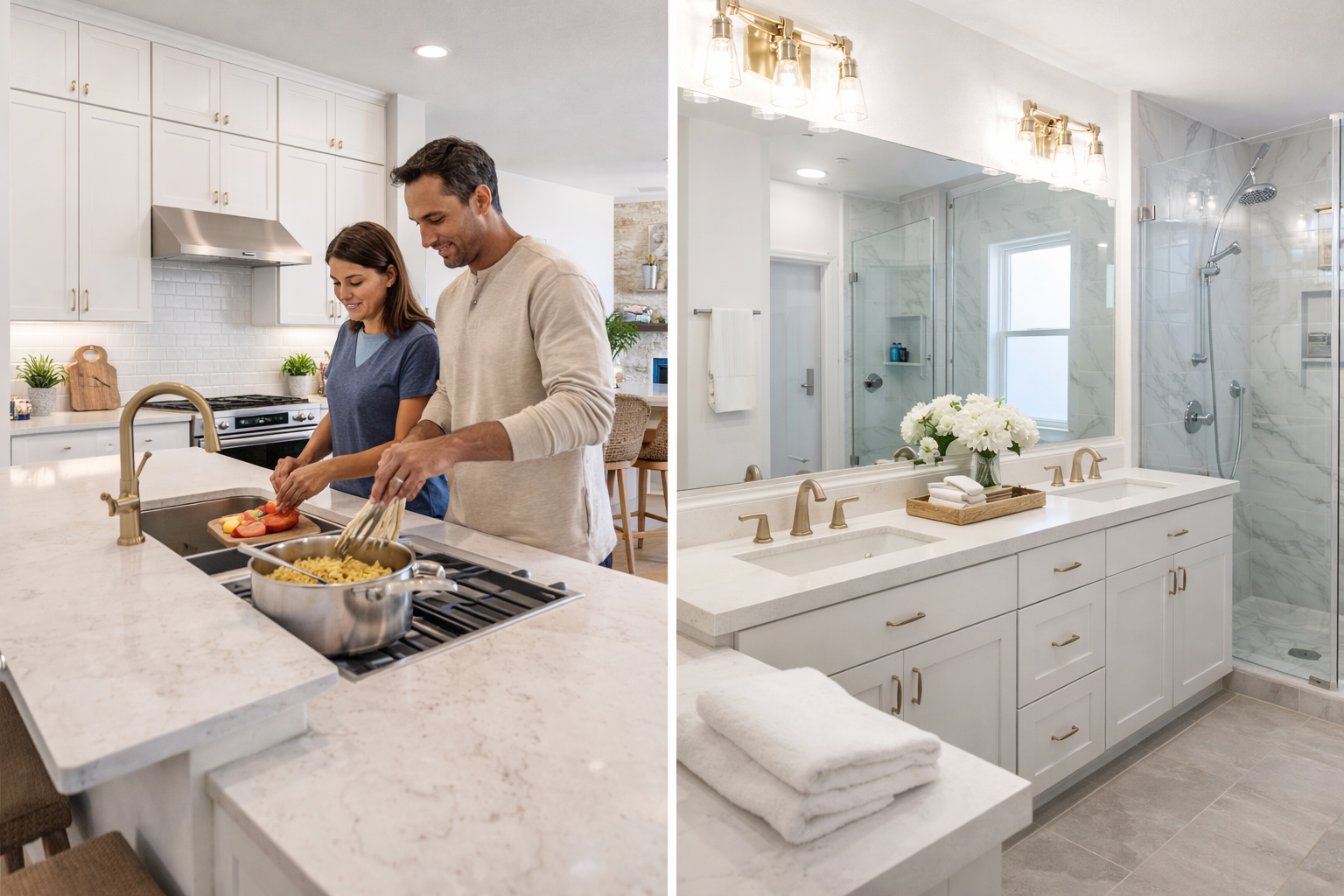 Modern kitchen and primary bathroom design with double vanity and walk-in shower