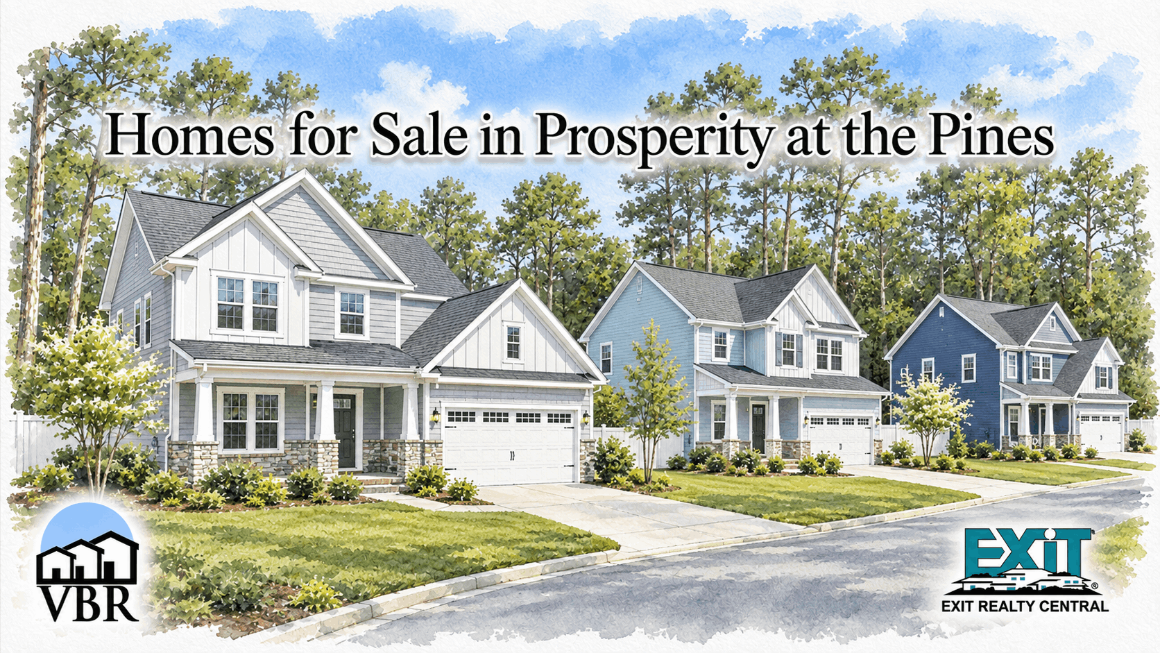Watercolor neighborhood graphic for Prosperity at the Pines homes for sale in Virginia Beach