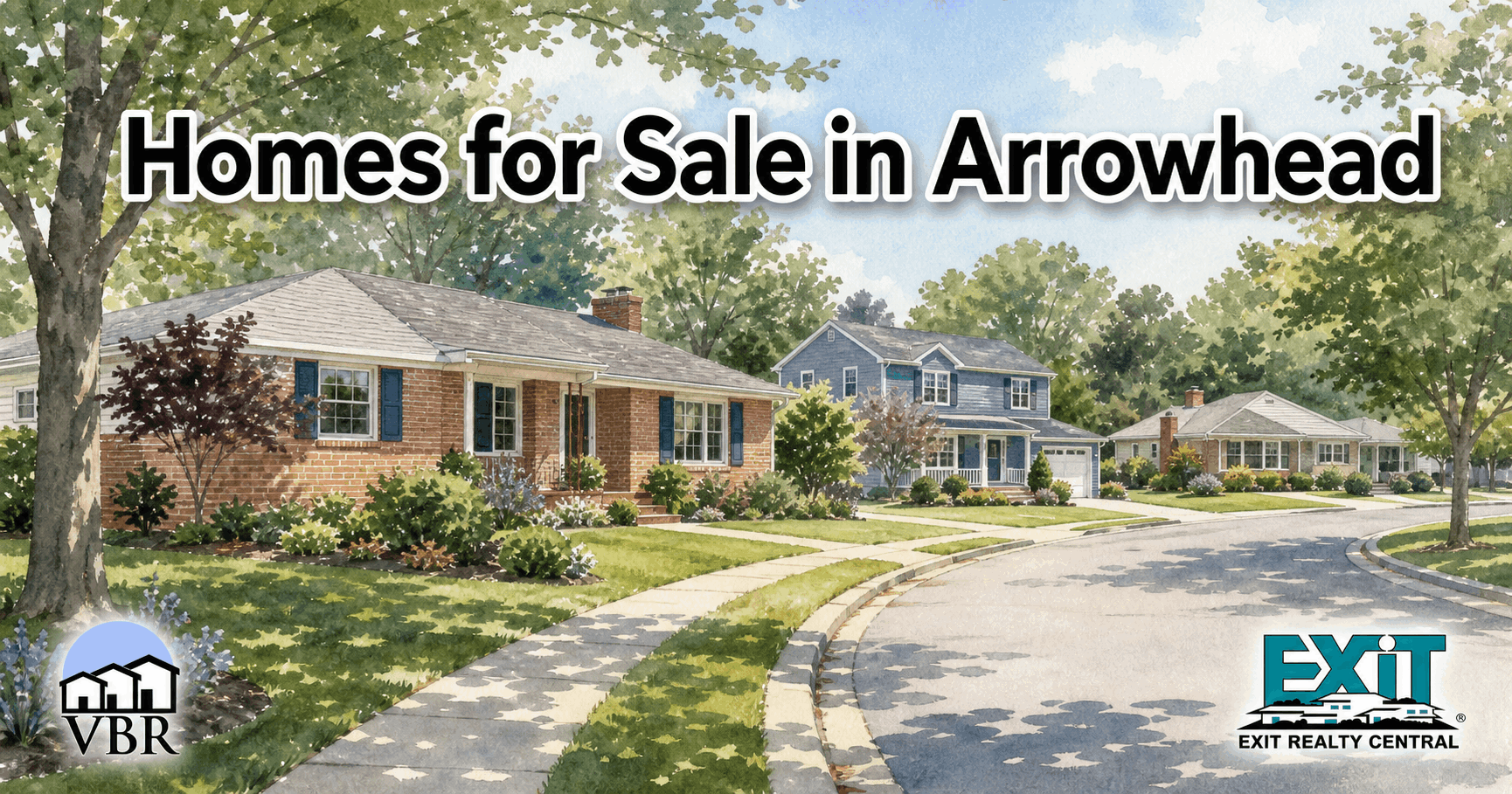Watercolor painting of a neighborhood with the title Arrowhead homes for sale