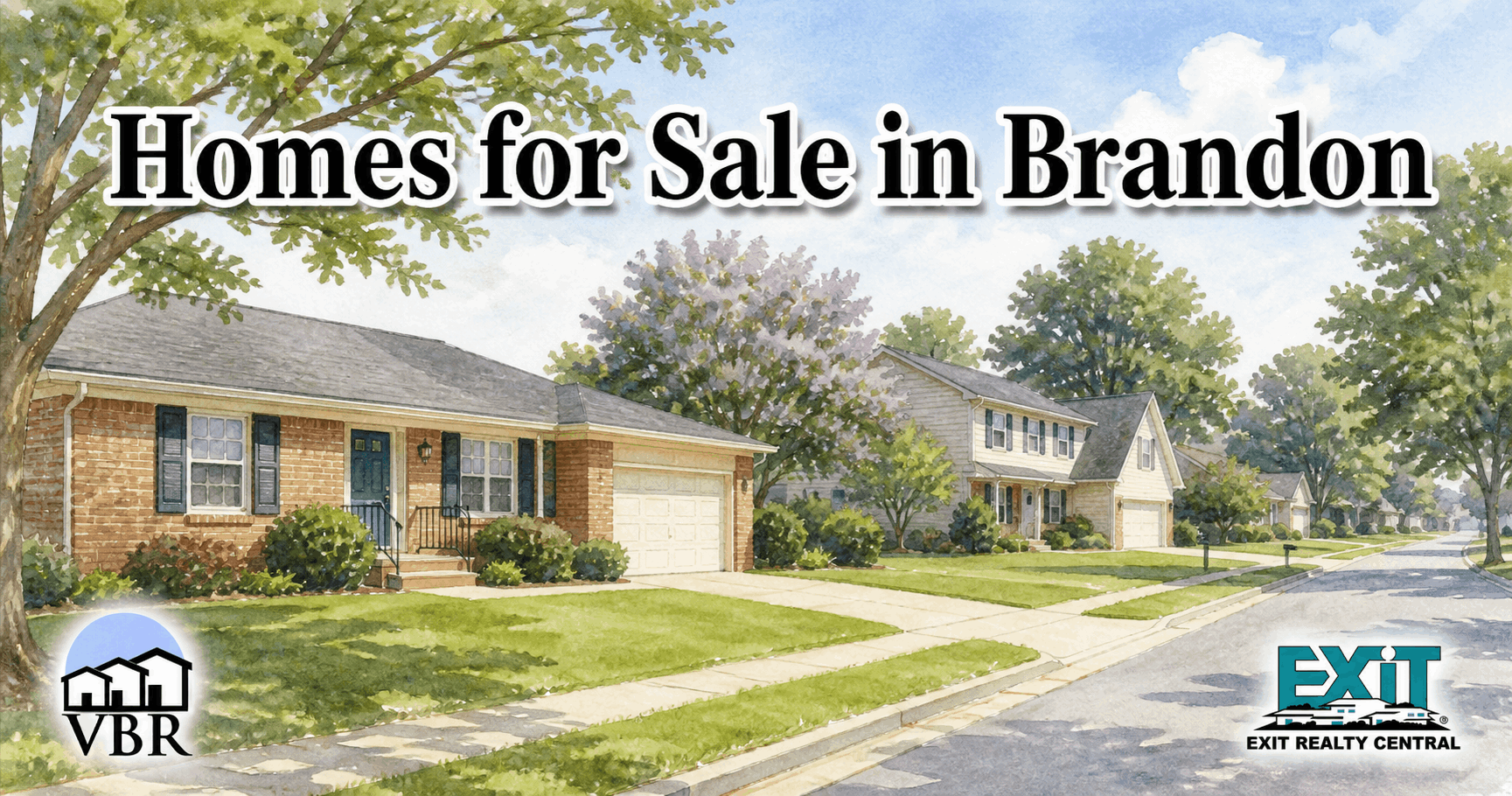 Watercolor drawing of an established Brandon Virginia Beach suburban street with a brick ranch home, a two-story traditional home, attached garages, lawns, sidewalks, mature trees, purple flowering trees, the VBR and EXIT Realty Central logos, and the title Homes for Sale in Brandon