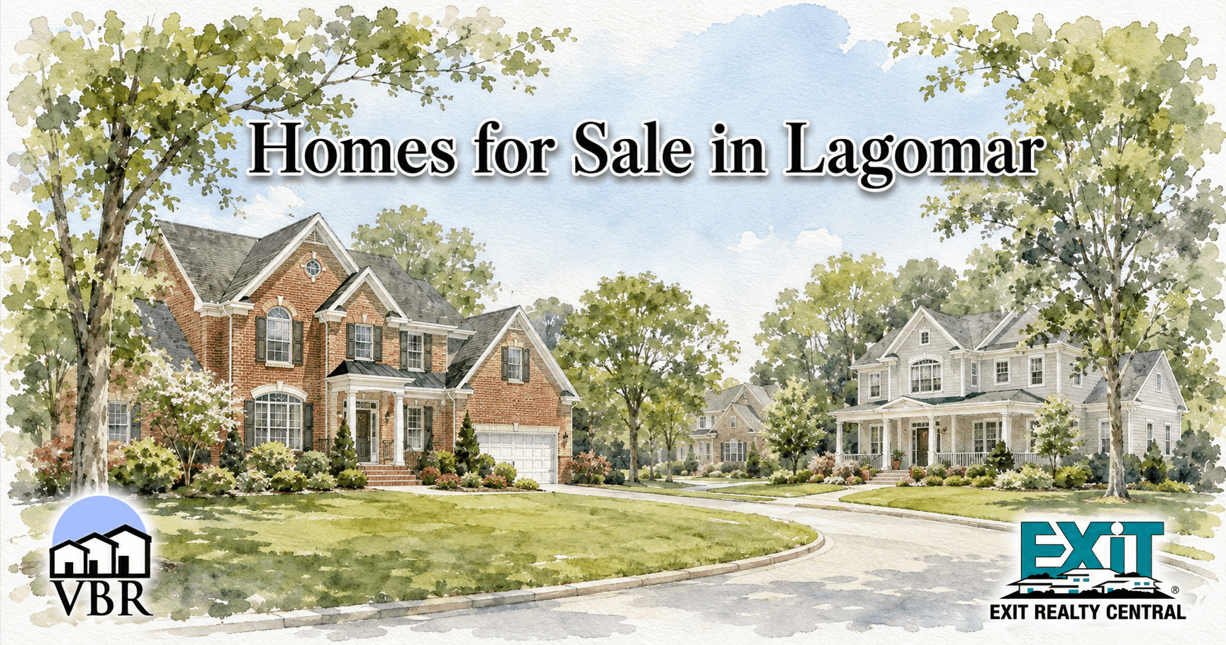 Watercolor drawing of Lagomar with large brick and light-sided homes, covered porches, broad lawns, mature trees, flowering shrubs, a curved residential street, VBR and EXIT Realty Central logos, and the title Homes for Sale in Lagomar.